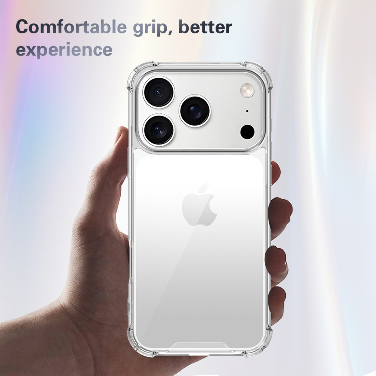 Transparent silicone phone case for iPhone 18 Pro Max with drop-resistant corners.