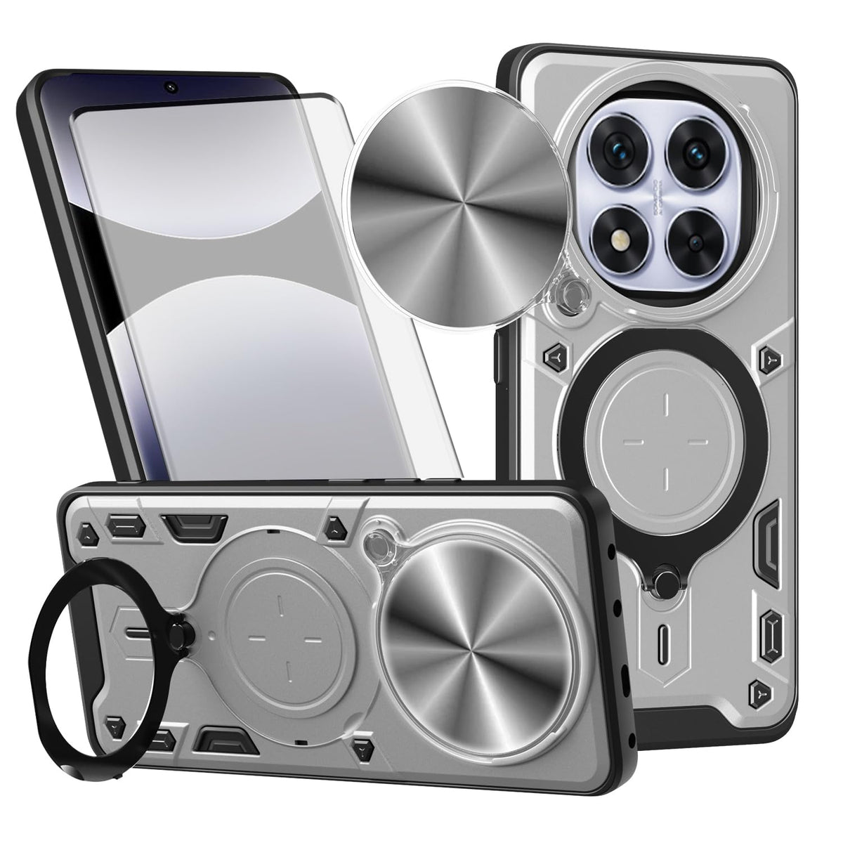 TPU phone case for Xiaomi Redmi Note 14 Pro 5G, with tempered glass screen protector and ring holder.
