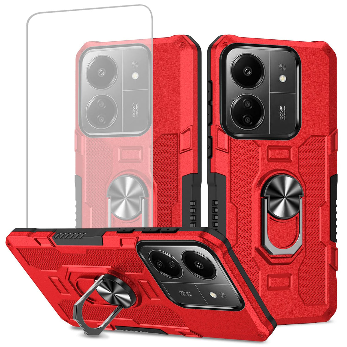 Magnetic phone case for Redmi 13C 4G/Poco C65, with tempered glass screen protector.