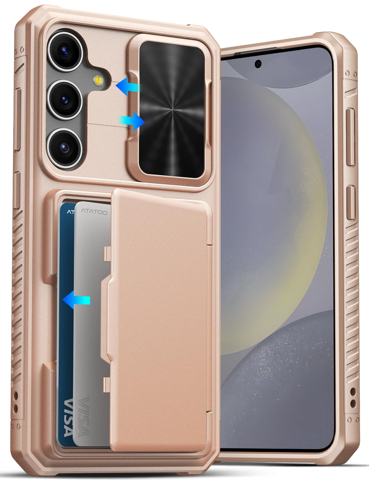 Military-grade shockproof phone case for Samsung Galaxy S24, with built-in card holder.
