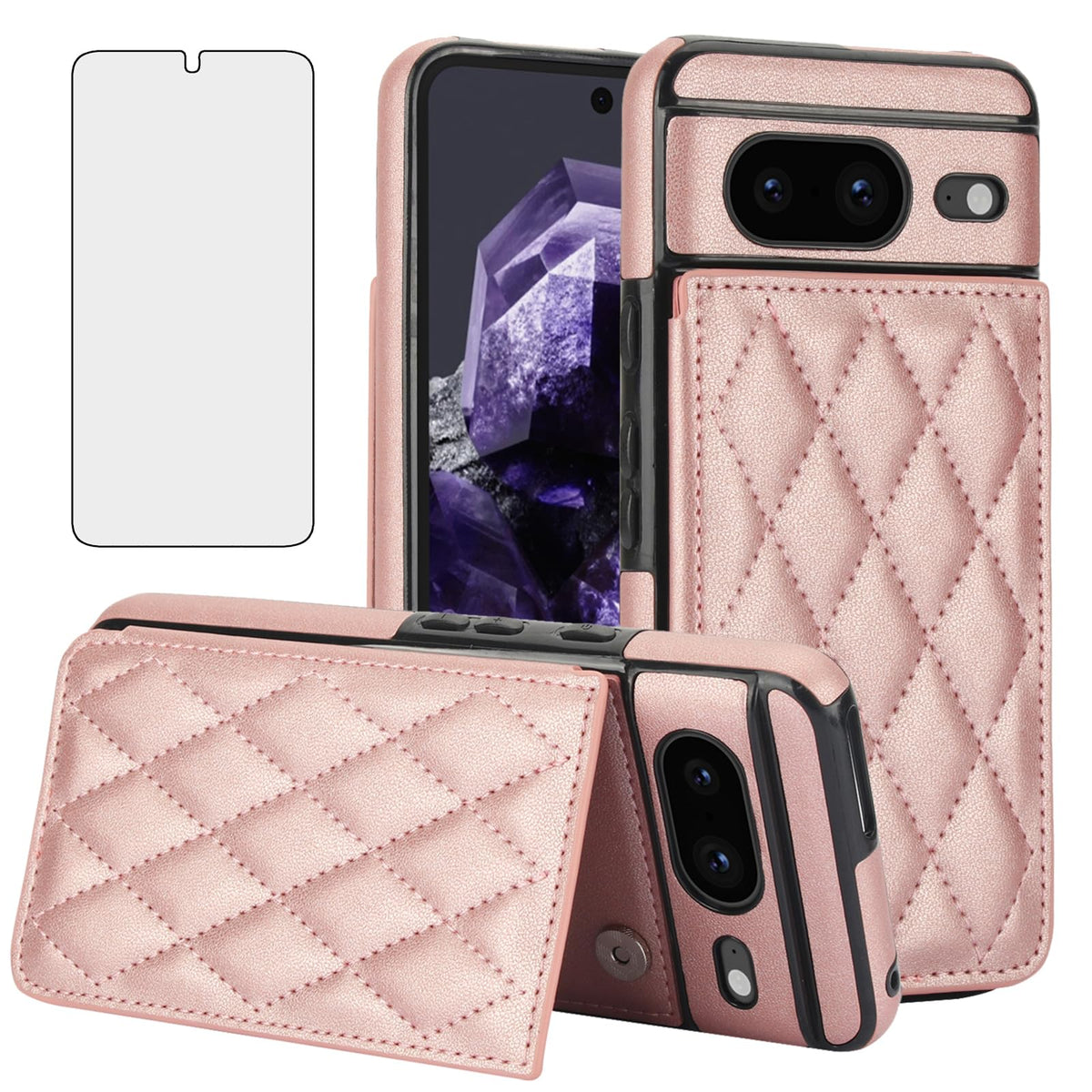 Leather Phone Case for Google Pixel 8 5G – Flip Wallet Case with Tempered Glass Screen Protector