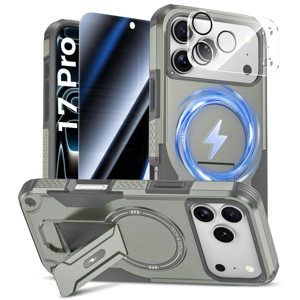 MagSafe Phone Case with Stand for iPhone 17 Pro Max, Anti-Peep & Lens Protector