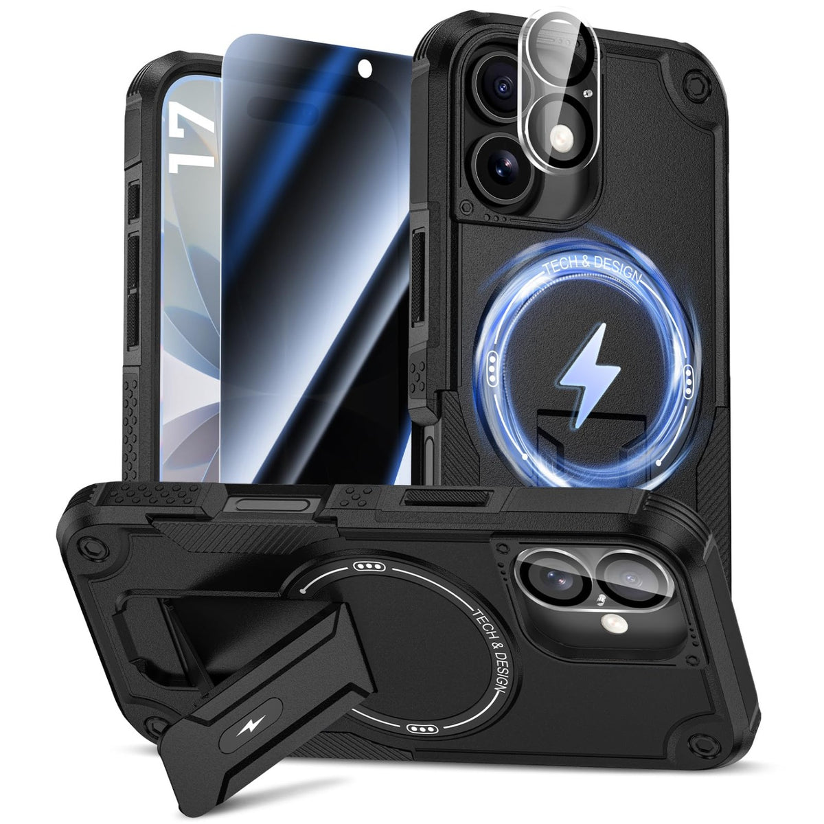 MagSafe Phone Case with Stand for iPhone 17 Pro Max, Anti-Peep & Lens Protector