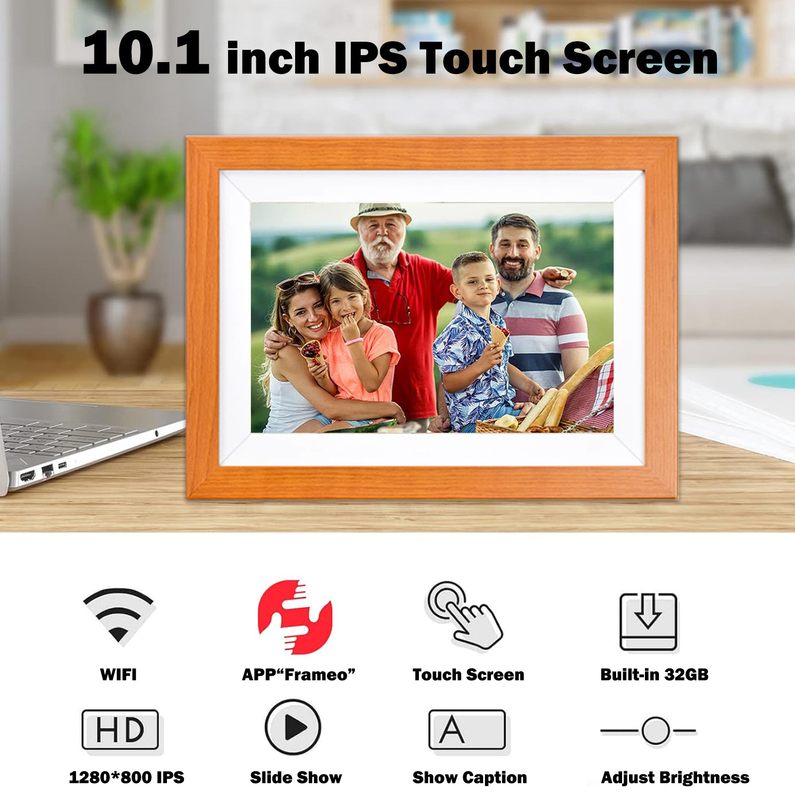 VEANXIN 10.1 inch Digital Picture Frame (32GB Storage,Wooden Frame,Frameo APP)