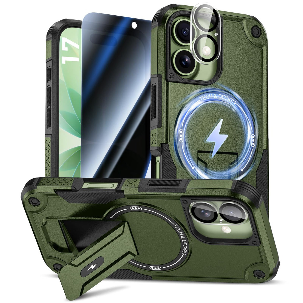 MagSafe Phone Case with Stand for iPhone 17 Pro Max, Anti-Peep & Lens Protector