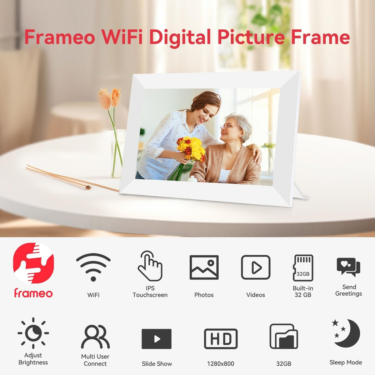 Frameo Digital Photo Frame 10.1 Inch WiFi Digital Picture Frame with 16GB Storage, IPS Touch Screen HD Display, Auto-Rotate, Slideshow, Share Moments via Free APP - Gift for Family and Friends