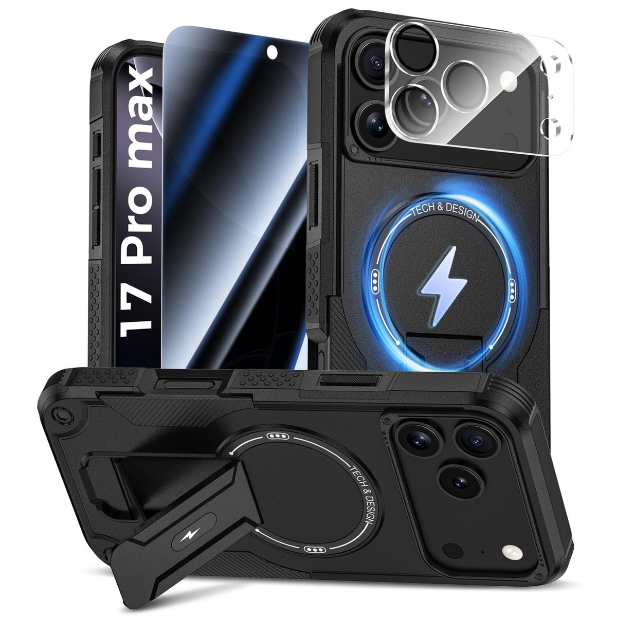 MagSafe Phone Case with Stand for iPhone 17 Pro Max, Anti-Peep & Lens Protector