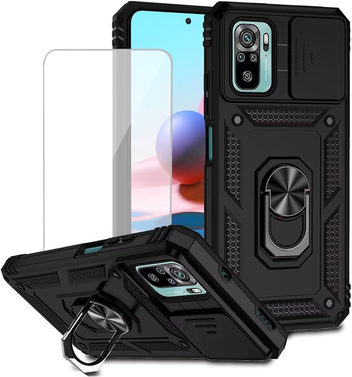 Magnetic phone case for Redmi Note 10/Redmi Note 10S/Poco M5S, with tempered glass screen protector.