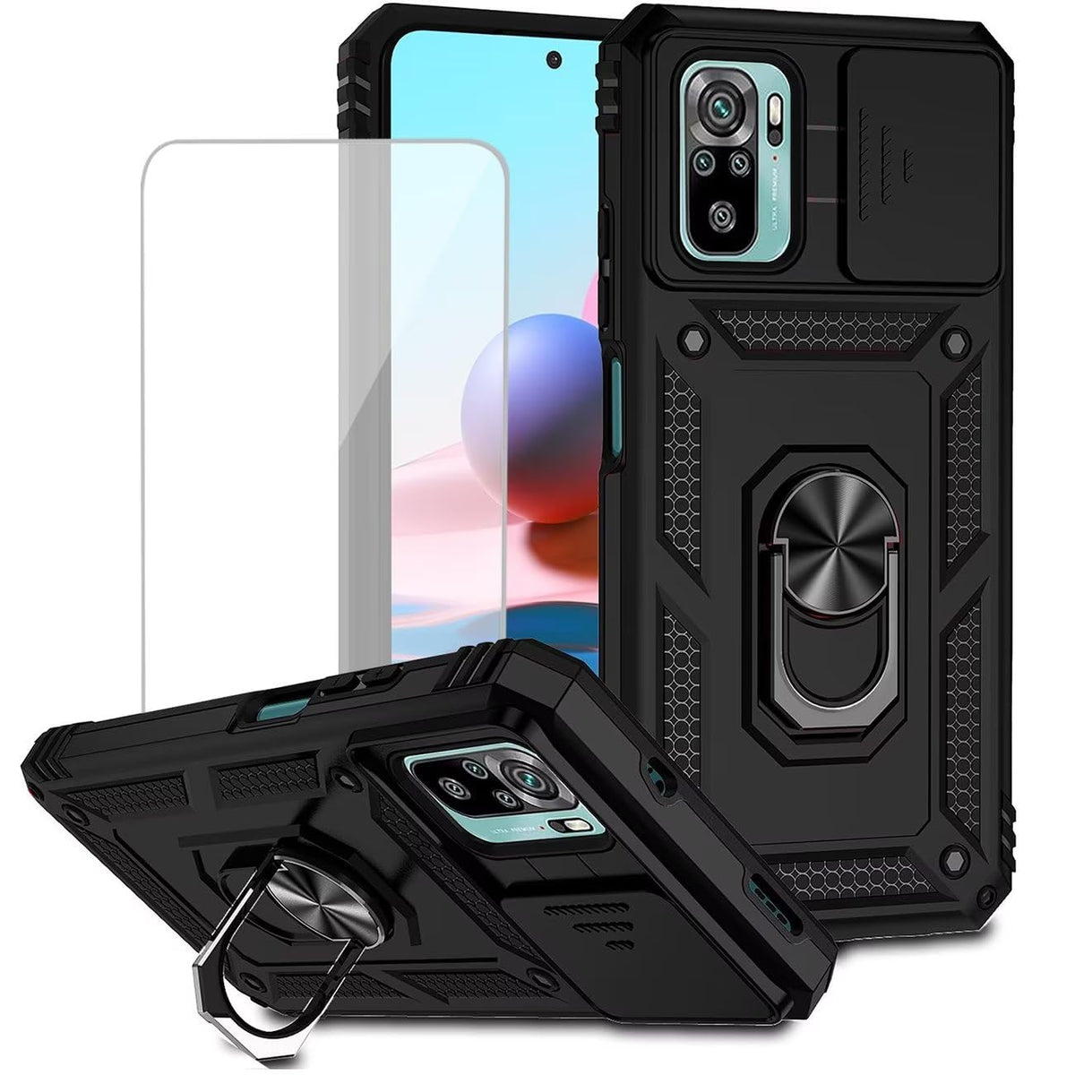 Magnetic phone case for Redmi Note 10/Redmi Note 10S/Poco M5S, with tempered glass screen protector.