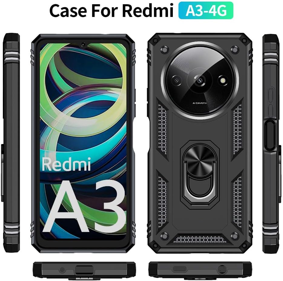 Shockproof phone case for Xiaomi Redmi A3, with tempered glass screen protector [2-pack]