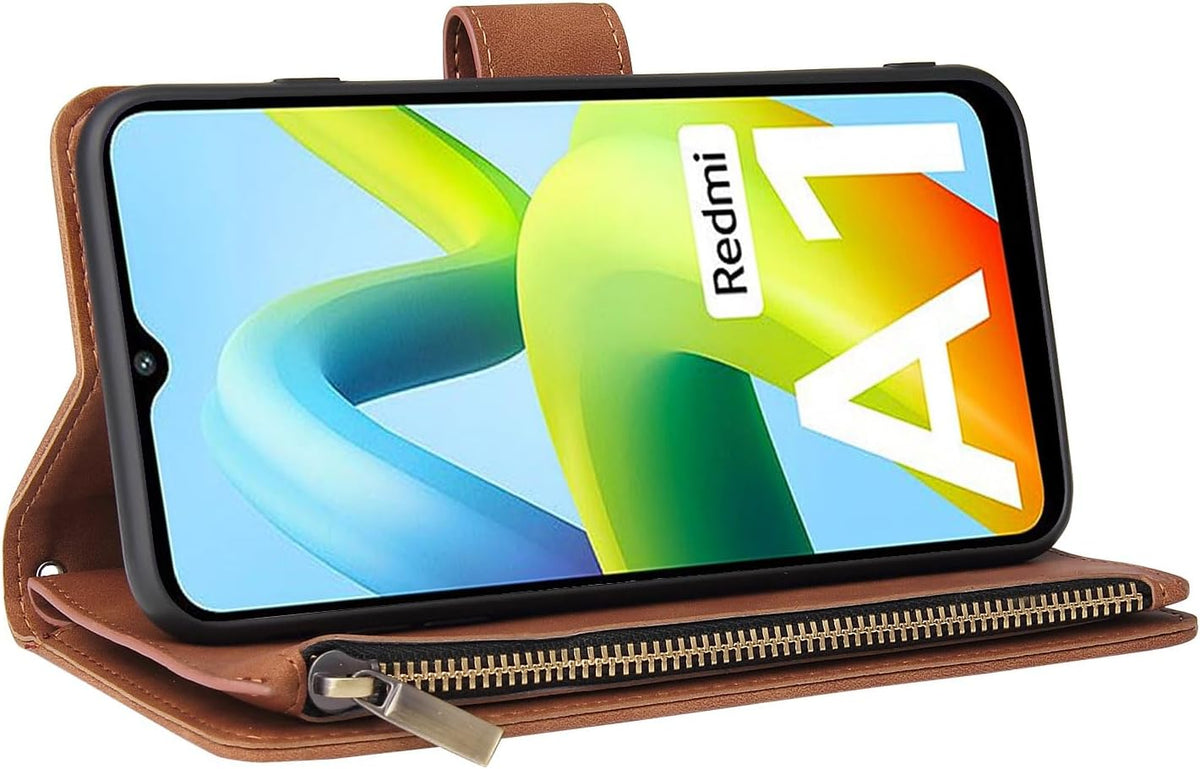 Leather wallet-style phone case with tempered glass screen protector for Xiaomi Redmi A1