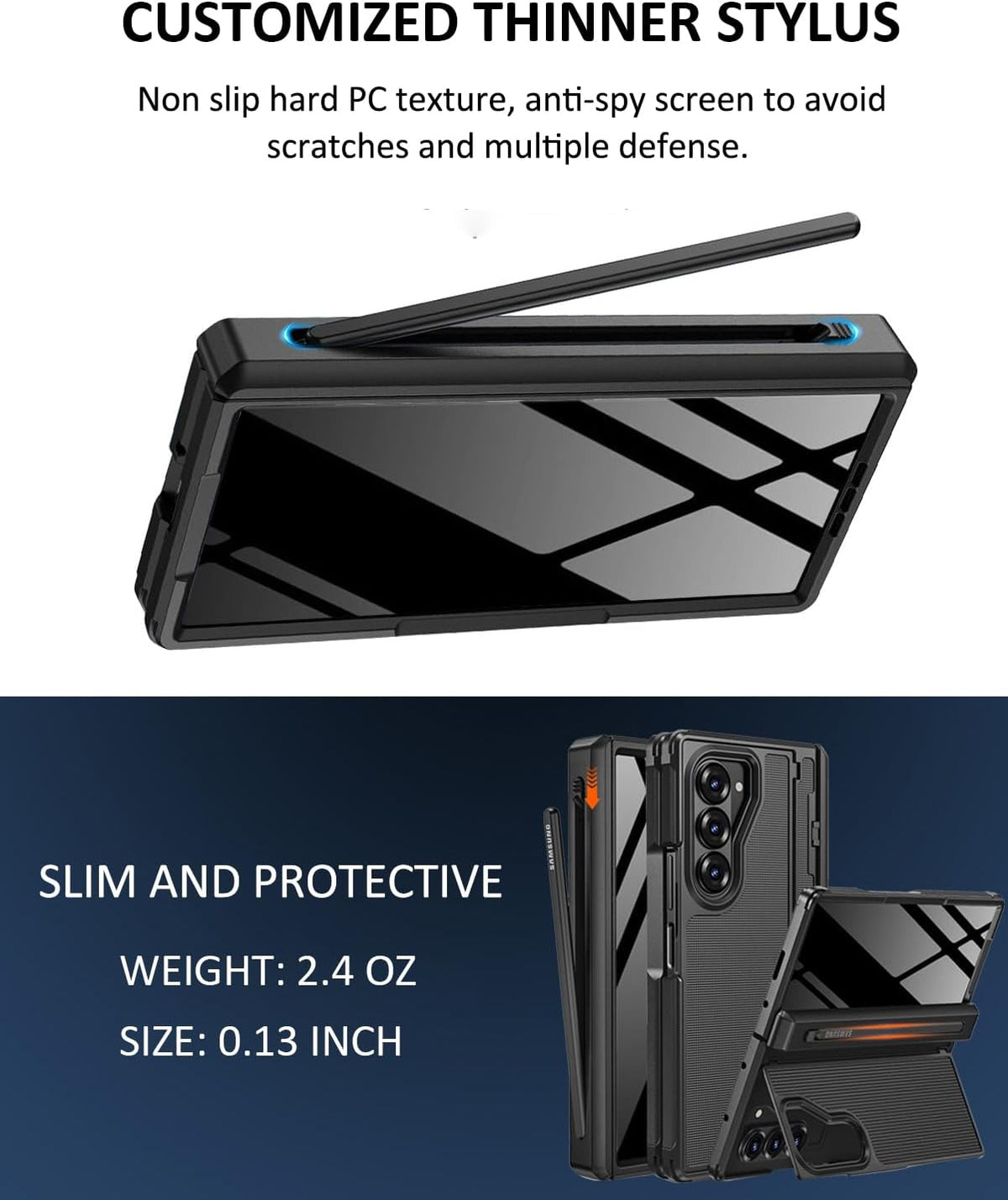 A hinged TPU phone case for the Samsung Galaxy Z Fold 7 with an S Pen slot, stylus, and hidden stand.