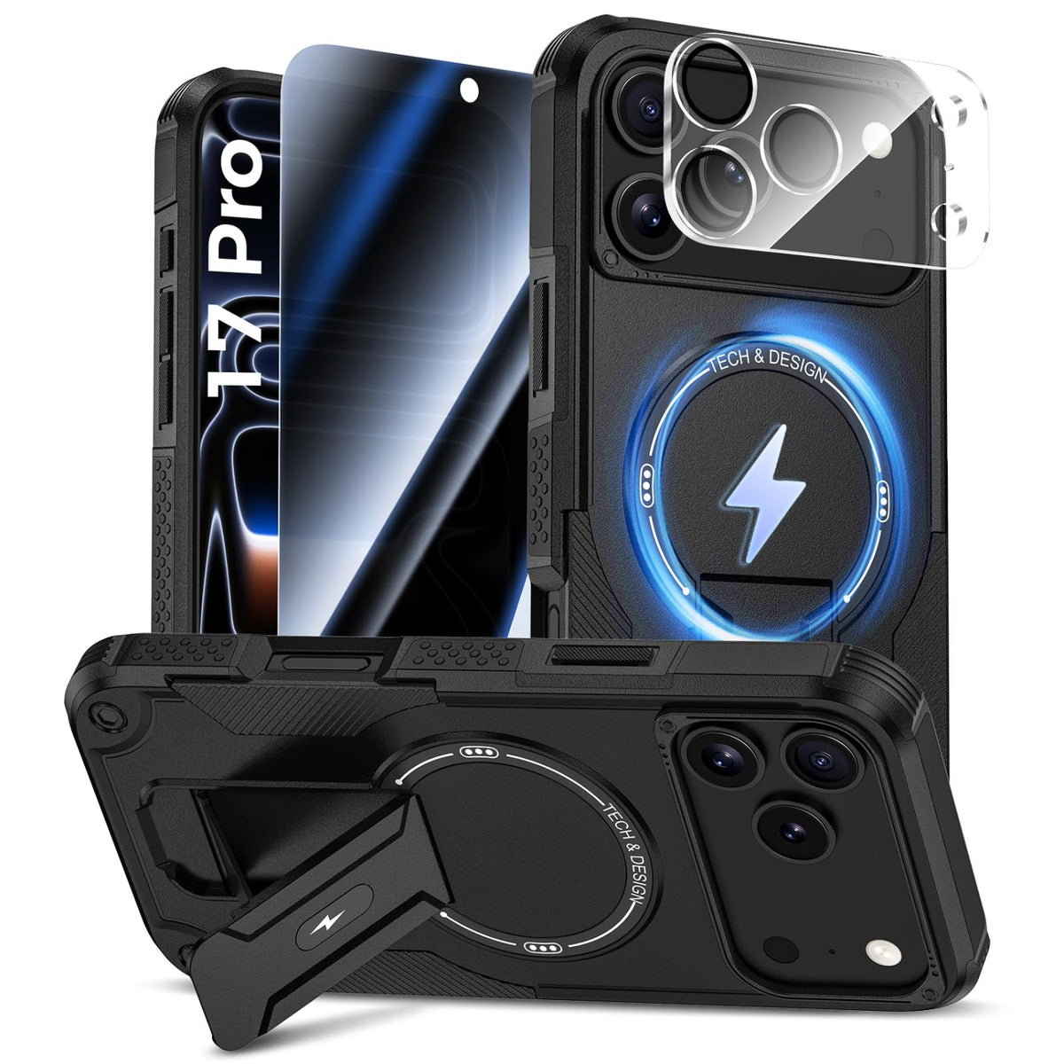 MagSafe Phone Case with Stand for iPhone 17 Pro Max, Anti-Peep & Lens Protector