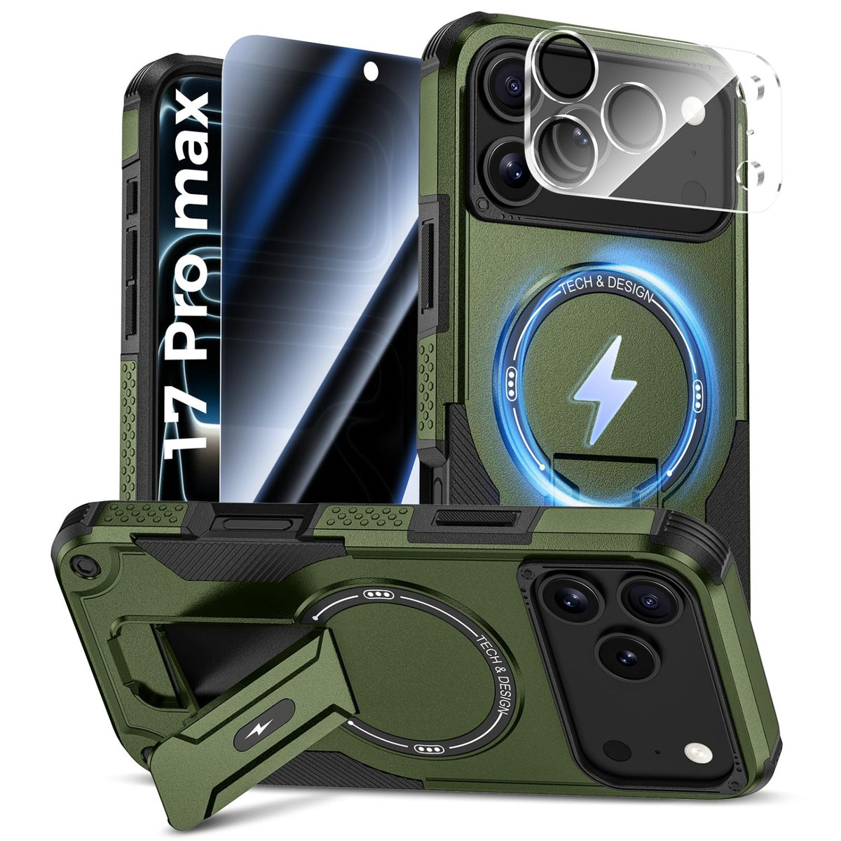 MagSafe Phone Case with Stand for iPhone 17 Pro Max, Anti-Peep & Lens Protector