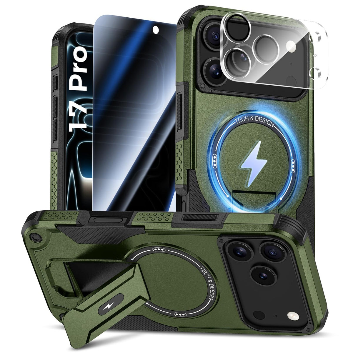 MagSafe Phone Case with Stand for iPhone 17 Pro Max, Anti-Peep & Lens Protector