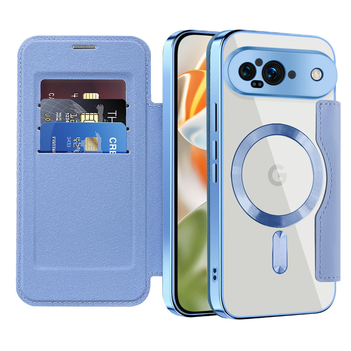 Flip wallet-style PU leather phone case for Google Pixel 10, MagSafe compatible.