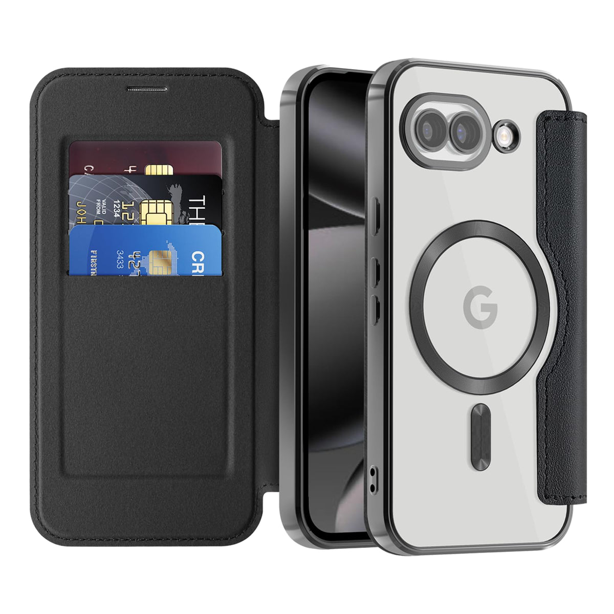 Flip wallet-style PU leather phone case for Google Pixel 10, MagSafe compatible.