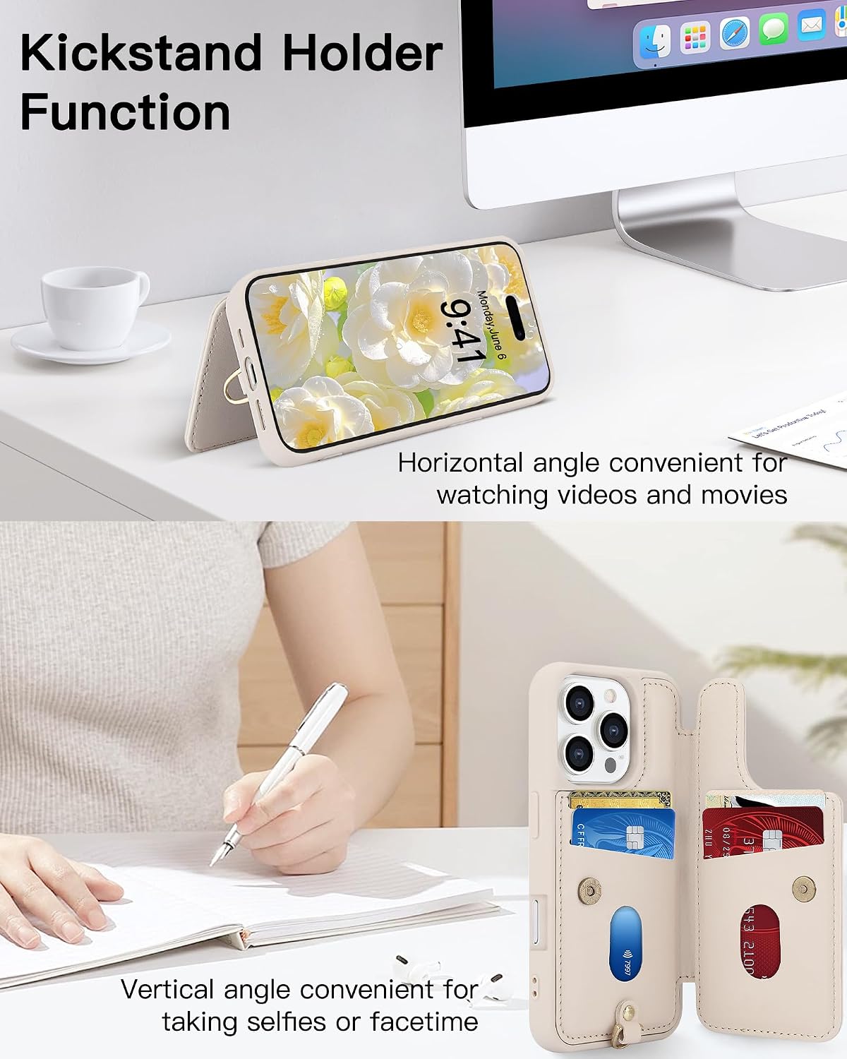 Wallet-style Card Holder Phone Case Stand for iPhone 16 Pro