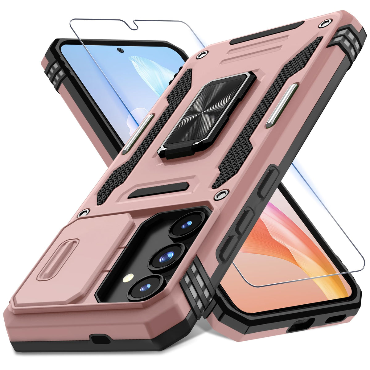 Military-grade shockproof phone case for Samsung Galaxy S25 with sliding camera cover and screen protector (1 piece)