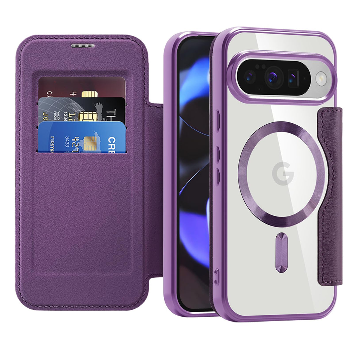 Flip wallet-style PU leather phone case for Google Pixel 10, MagSafe compatible.