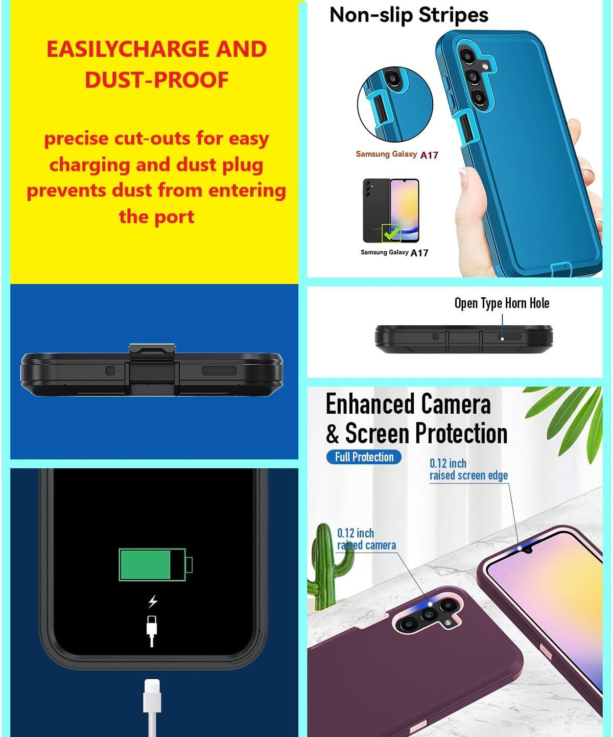 Shock-proof protective case for Samsung Galaxy A17 5G with tempered glass screen protector.