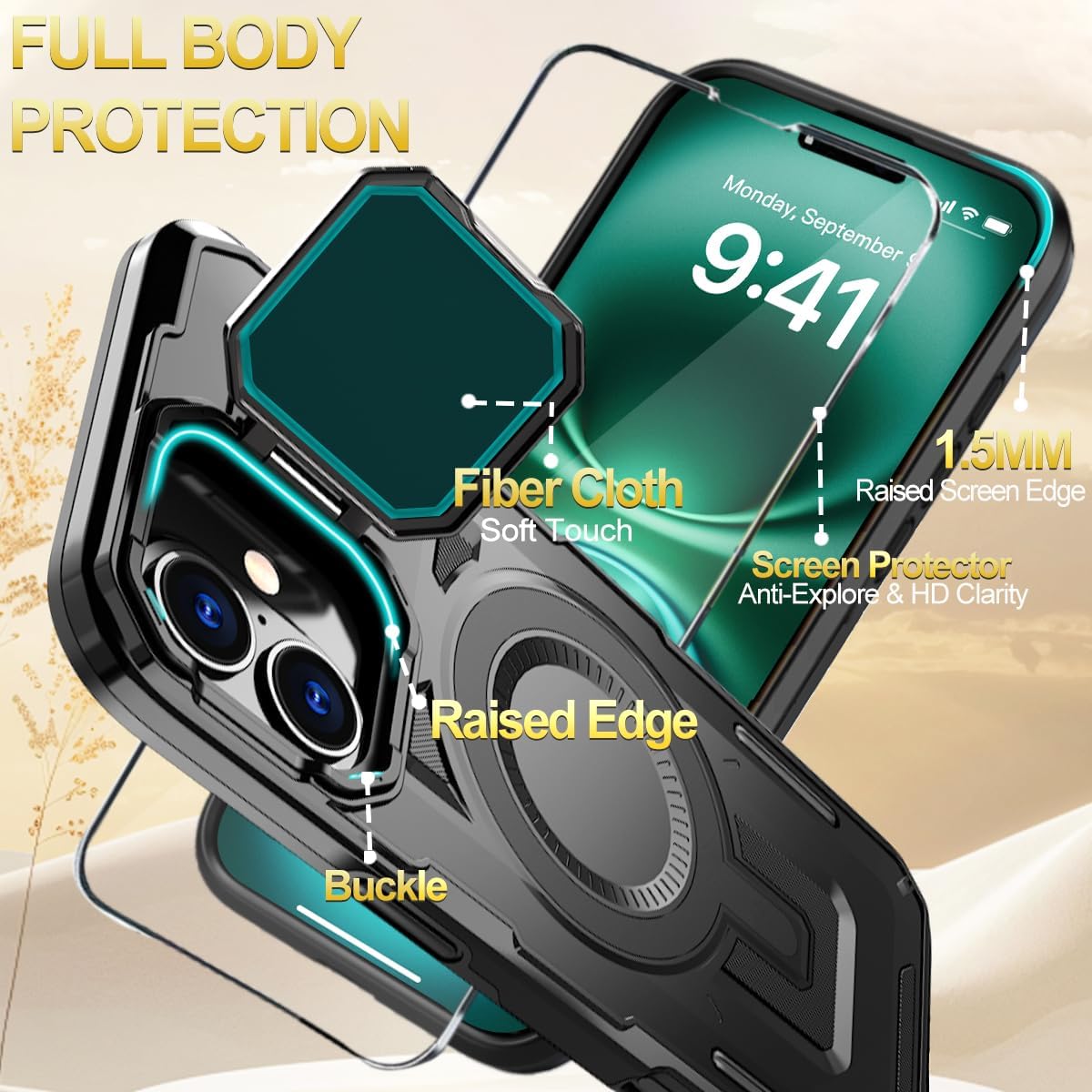Military Grade Magnetic iPhone 16 Pro Phone Case with  Stand screen p