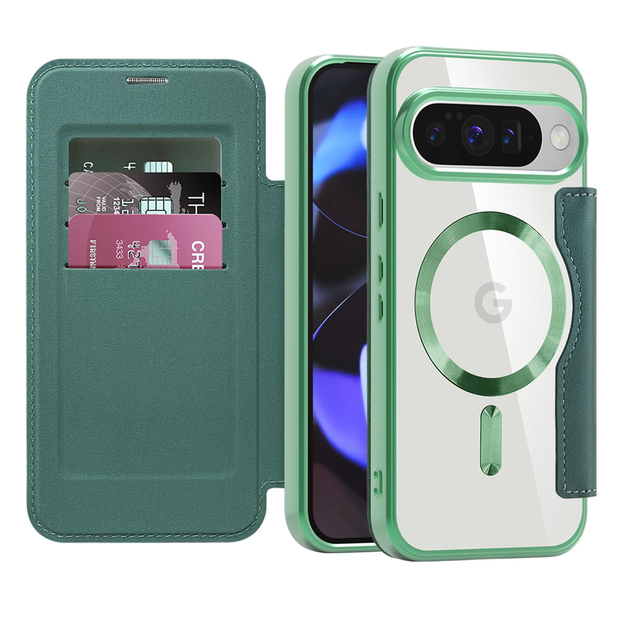 Flip wallet-style PU leather phone case for Google Pixel 10, MagSafe compatible.