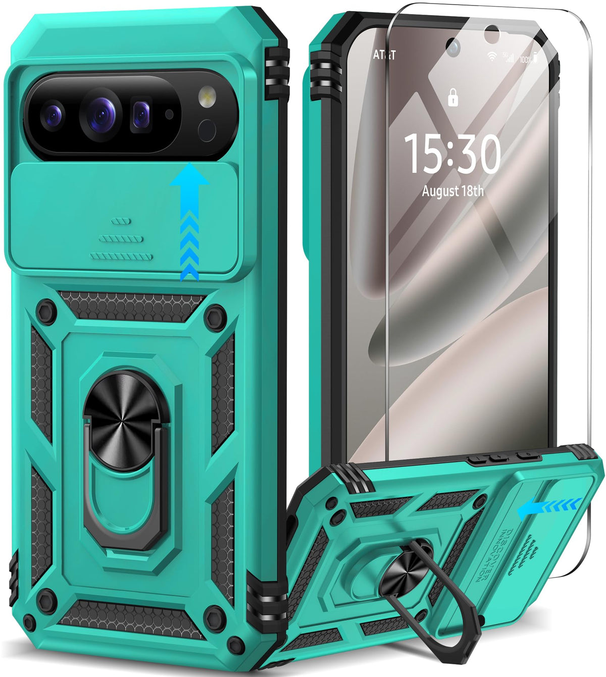 Shockproof phone case for Google Pixel 11 Pro XL with screen protector and sliding camera lens cover, and built-in 360¡ã rotating magnetic ring holder.