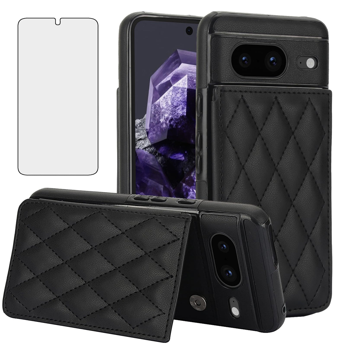 Leather Phone Case for Google Pixel 8 5G – Flip Wallet Case with Tempered Glass Screen Protector