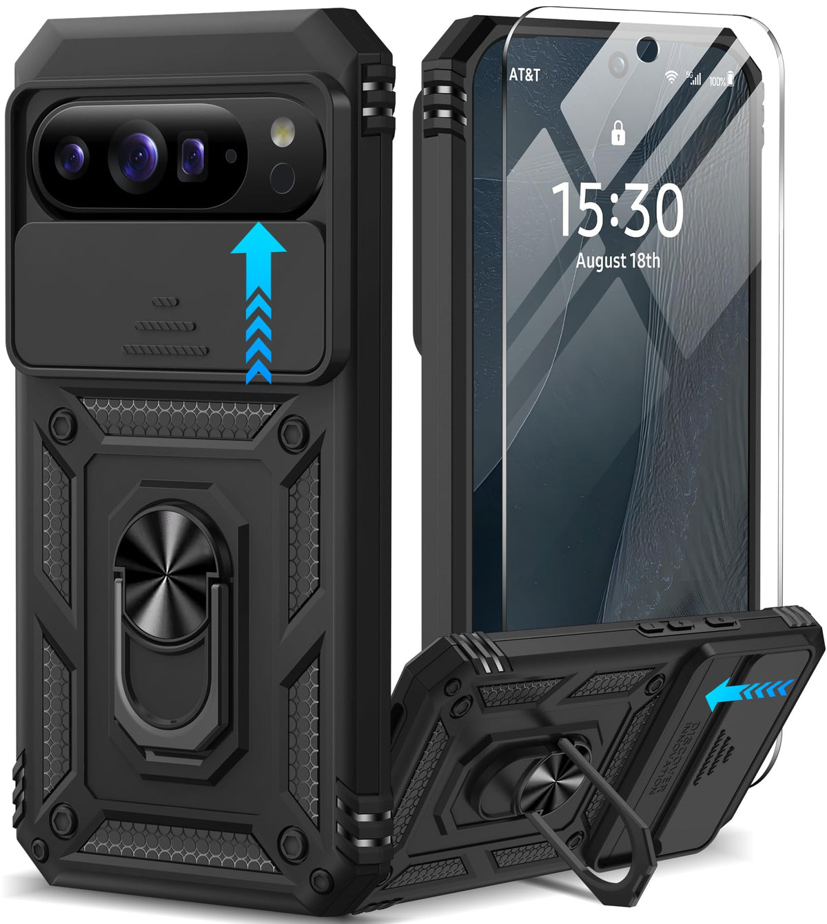 Shockproof phone case for Google Pixel 11 Pro XL with screen protector and sliding camera lens cover, and built-in 360¡ã rotating magnetic ring holder.