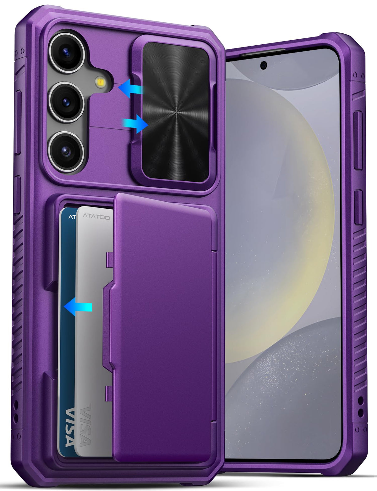 Military-grade shockproof phone case for Samsung Galaxy S24, with built-in card holder.
