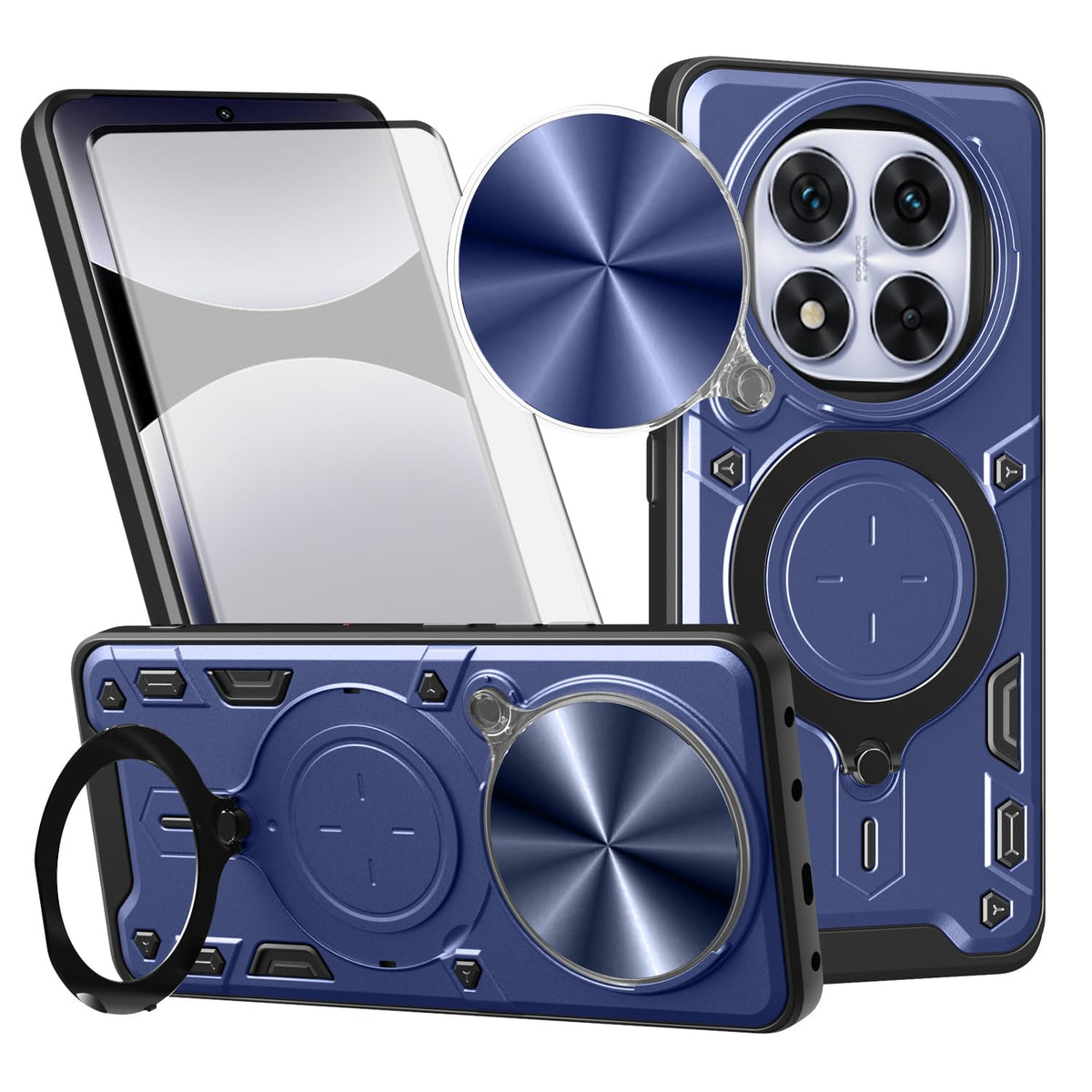 TPU phone case for Xiaomi Redmi Note 14 Pro 5G, with tempered glass screen protector and ring holder.