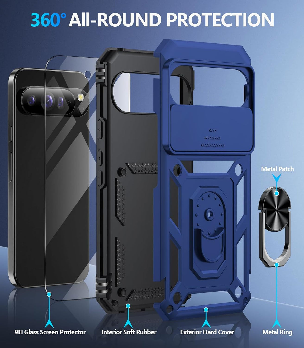 Shockproof phone case for Google Pixel 11 Pro XL with screen protector and sliding camera lens cover, and built-in 360¡ã rotating magnetic ring holder.