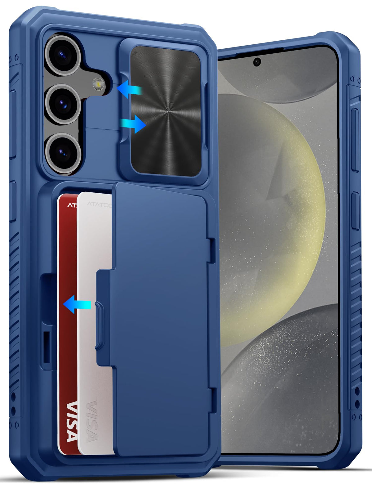 Military-grade shockproof phone case for Samsung Galaxy S24, with built-in card holder.