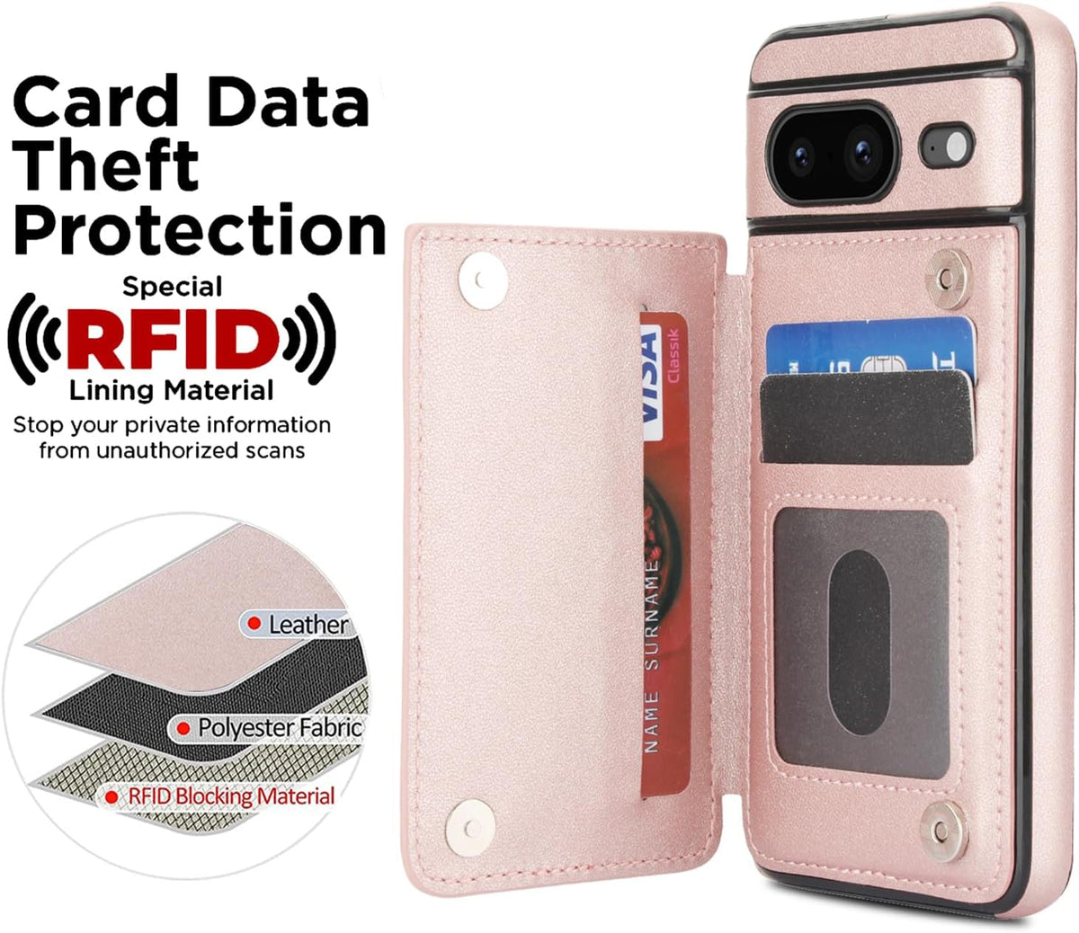 Leather Phone Case for Google Pixel 8 5G – Flip Wallet Case with Tempered Glass Screen Protector