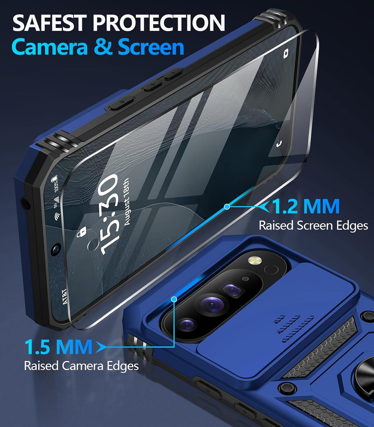 Shockproof phone case for Google Pixel 11 Pro XL with screen protector and sliding camera lens cover, and built-in 360¡ã rotating magnetic ring holder.