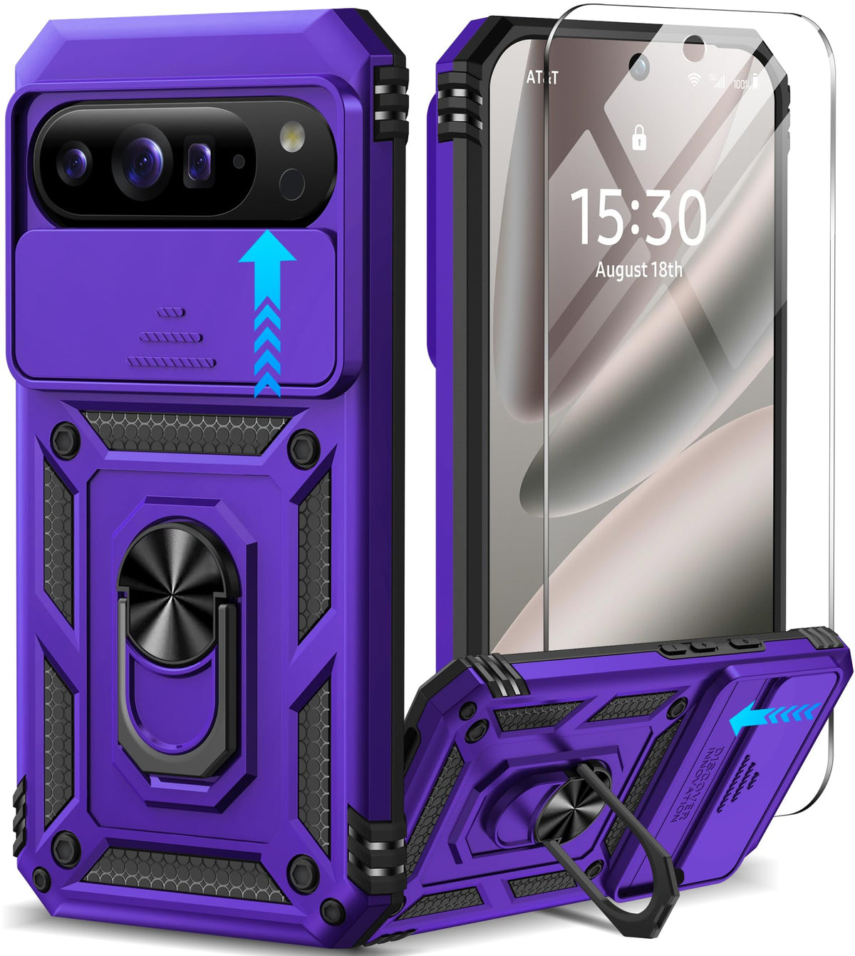 Shockproof phone case for Google Pixel 11 Pro XL with screen protector and sliding camera lens cover, and built-in 360¡ã rotating magnetic ring holder.