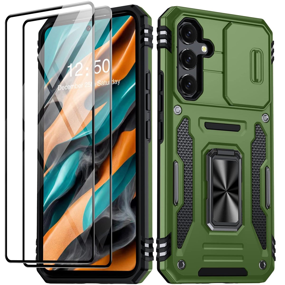 Shockproof phone case for Samsung Galaxy A55 5G, with 2 tempered glass screen protectors.