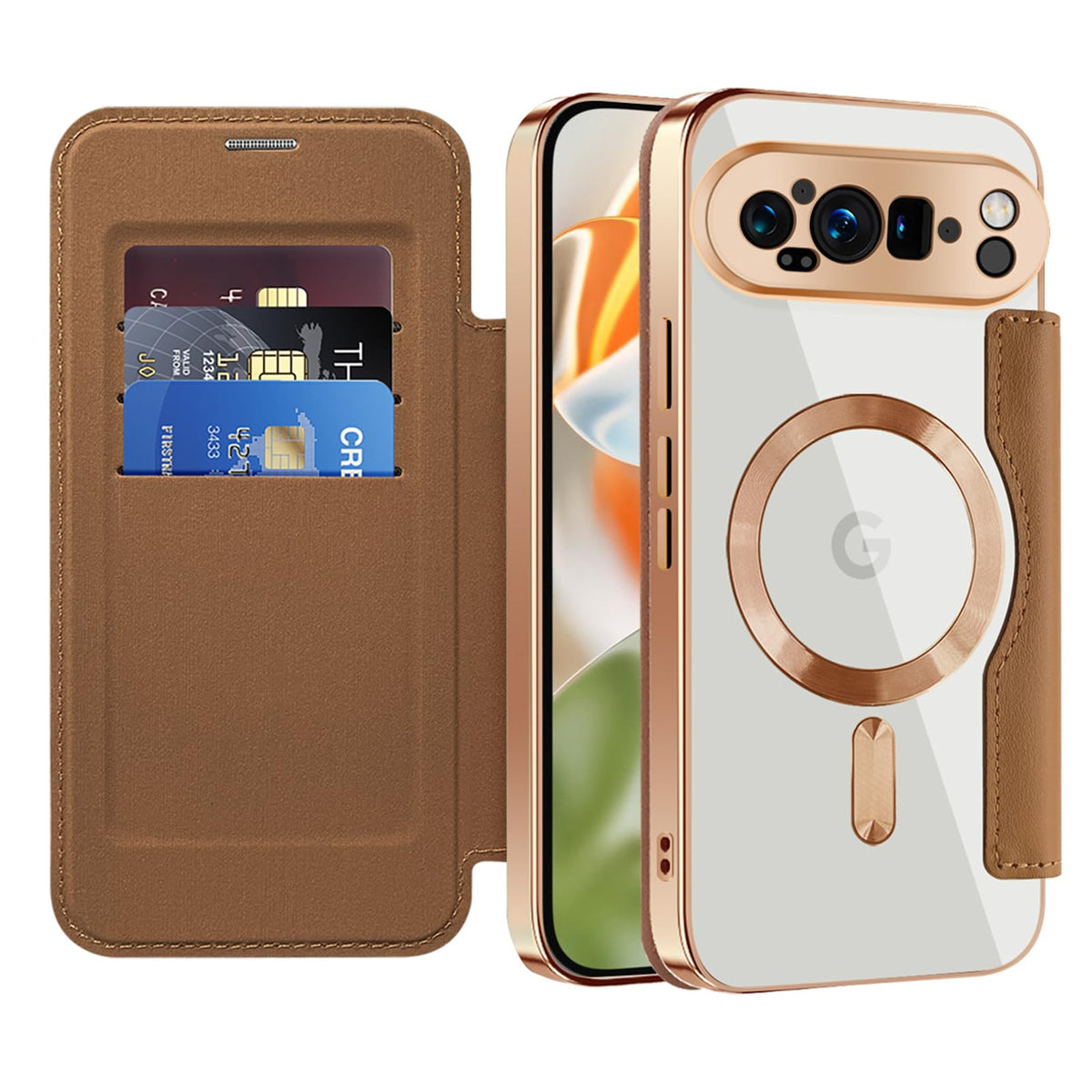 Flip wallet-style PU leather phone case for Google Pixel 10, MagSafe compatible.