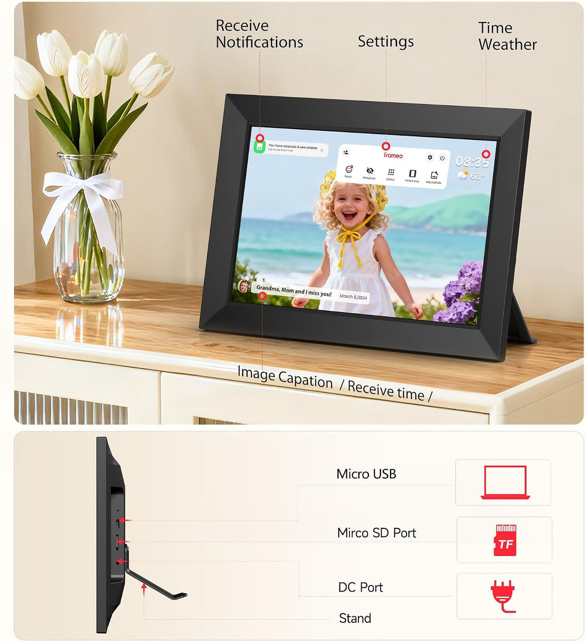 Frameo 10.1 Inch WiFi Digital Picture Frame, 1280x800 HD IPS Touch Screen Photo Frame Electronic, 32GB Memory, Auto-Rotate, Wall Mountable, Share Photos/Videos Instantly via Frameo App from Anywhere