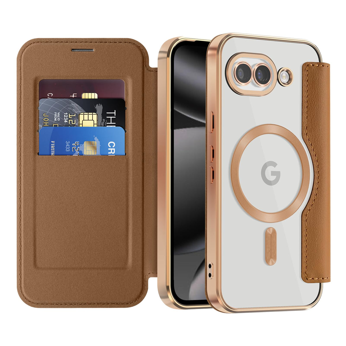 Flip wallet-style PU leather phone case for Google Pixel 10, MagSafe compatible.