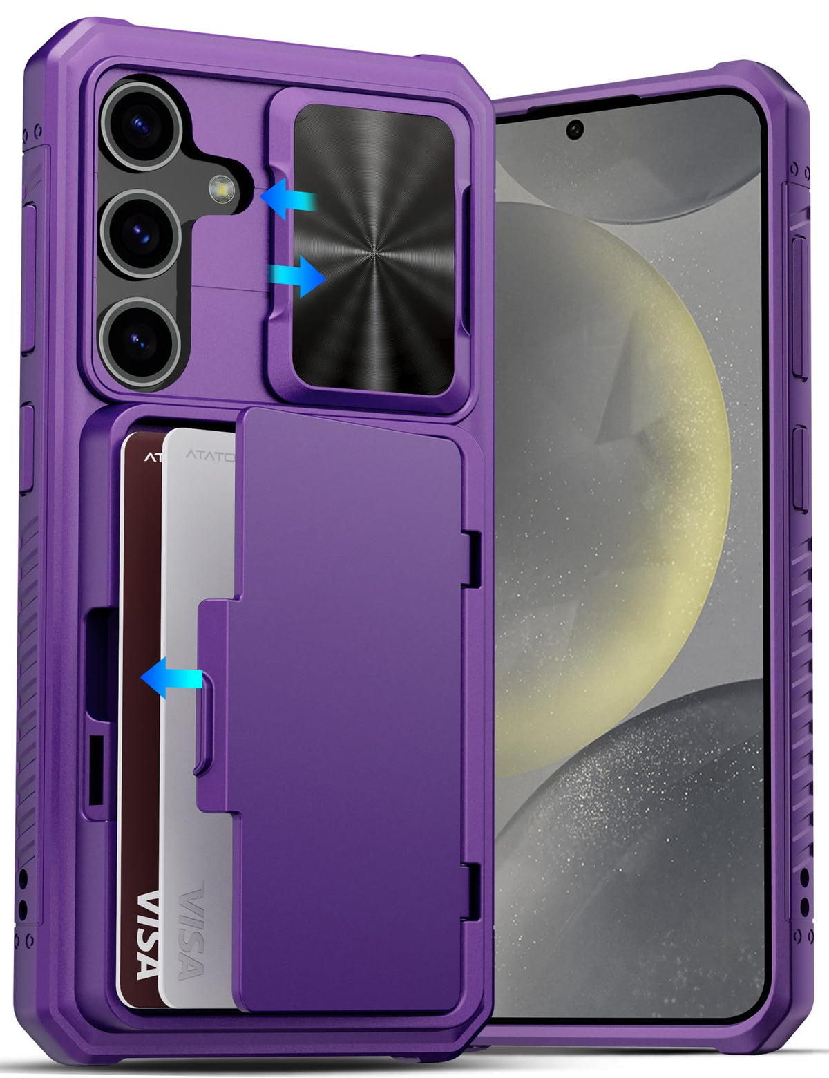 Military-grade shockproof phone case for Samsung Galaxy S24, with built-in card holder.