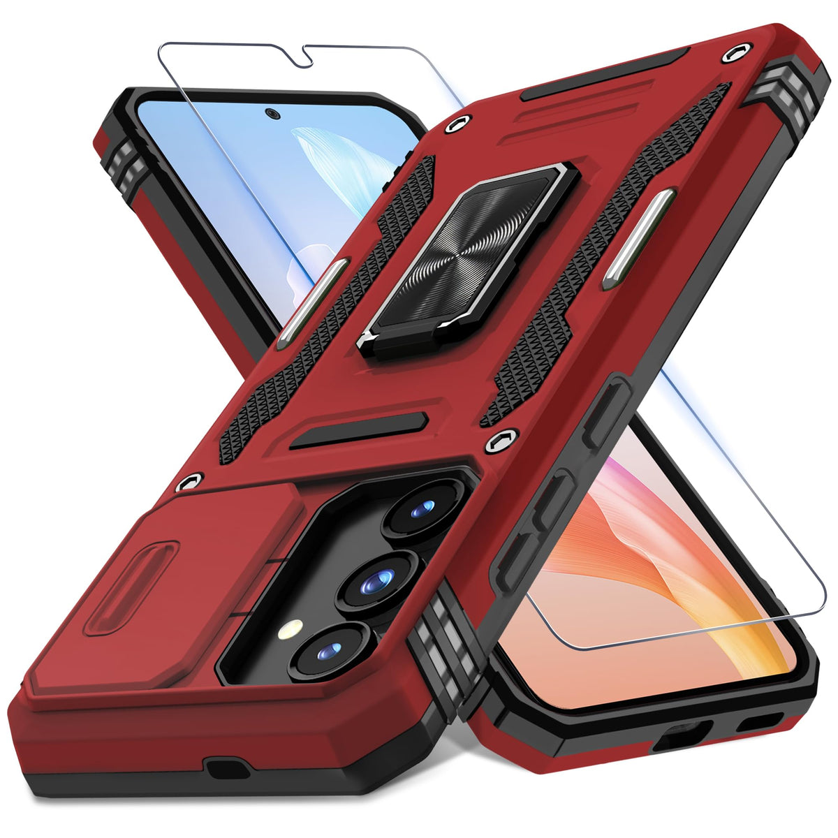 Military-grade shockproof phone case for Samsung Galaxy S25 with sliding camera cover and screen protector (1 piece)
