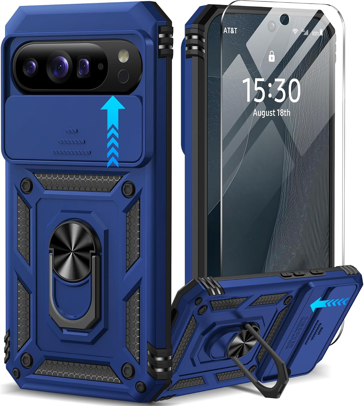 Shockproof phone case for Google Pixel 11 Pro XL with screen protector and sliding camera lens cover, and built-in 360¡ã rotating magnetic ring holder.