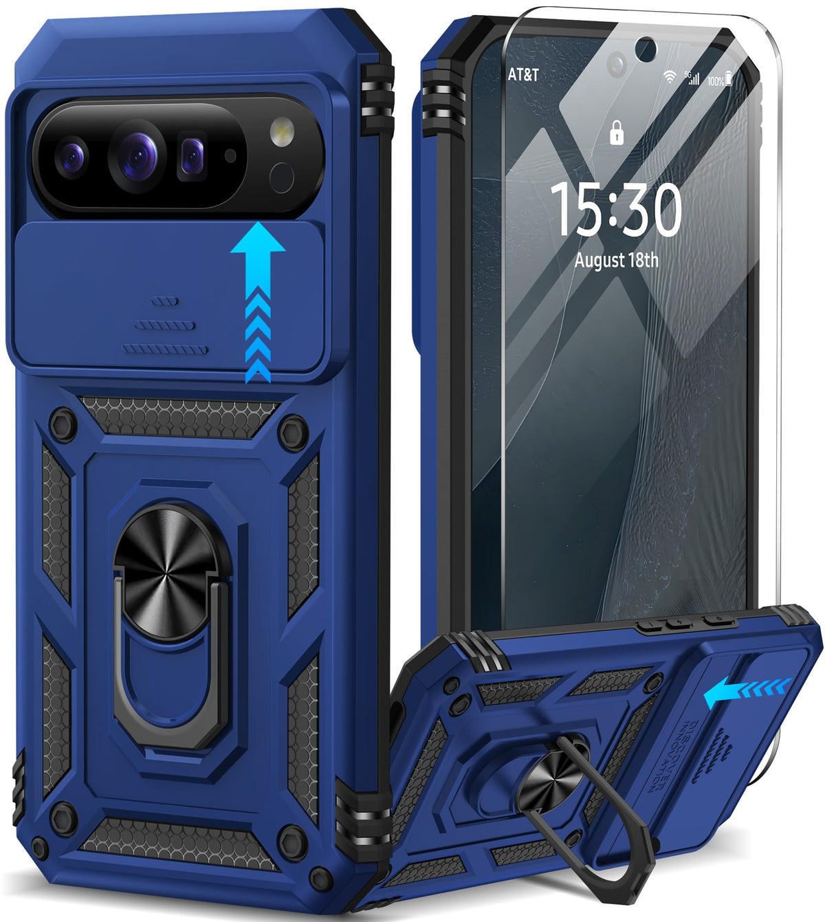 Shockproof phone case for Google Pixel 11 Pro XL with screen protector and sliding camera lens cover, and built-in 360¡ã rotating magnetic ring holder.