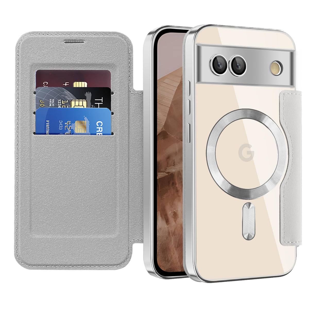 Flip wallet-style PU leather phone case for Google Pixel 10, MagSafe compatible.