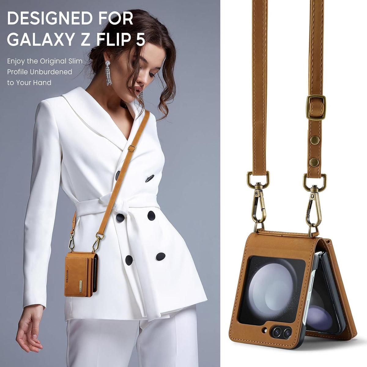Crossbody wallet style retro leather phone case for Samsung Galaxy Z Flip 6 with adjustable shoulder strap