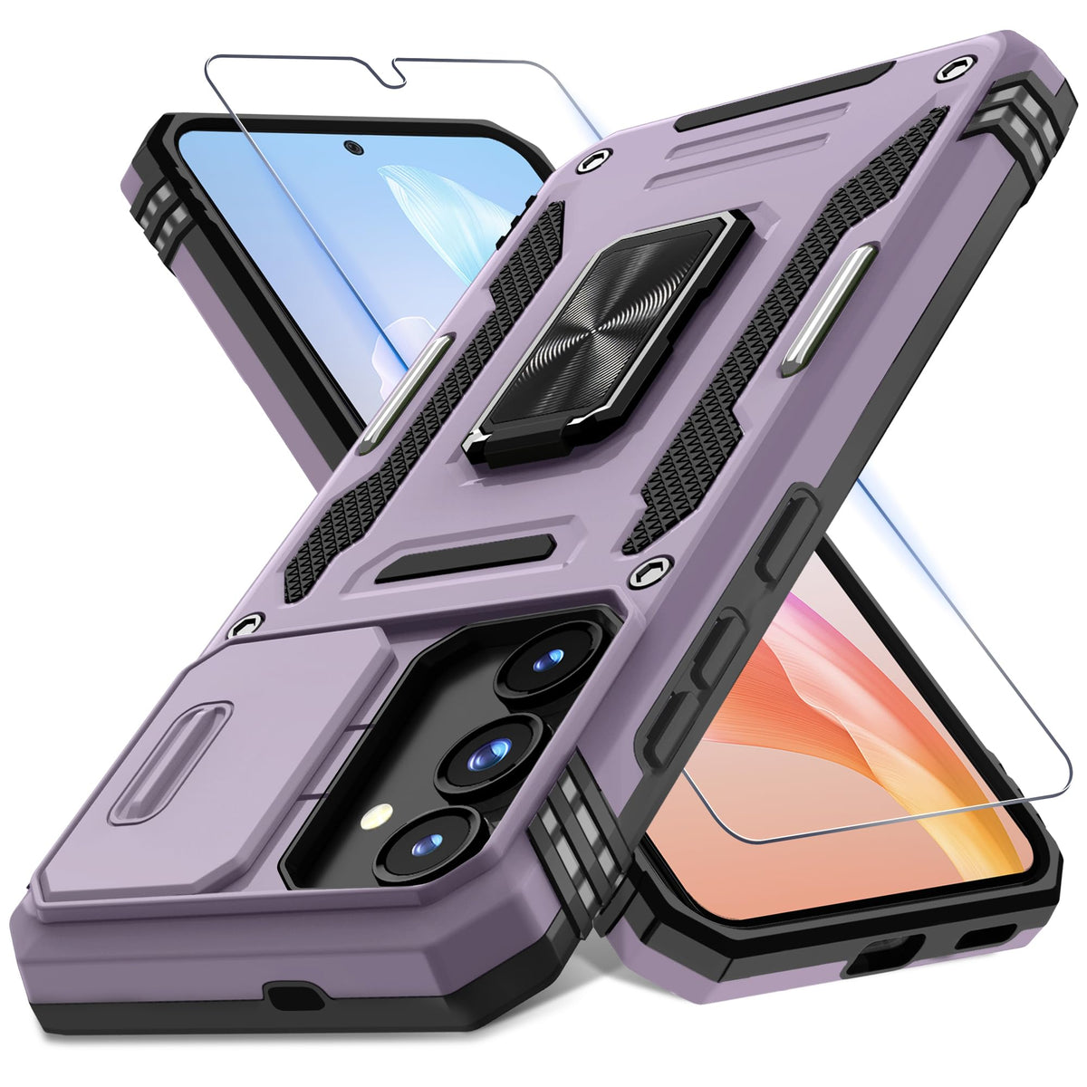 Military-grade shockproof phone case for Samsung Galaxy S25 with sliding camera cover and screen protector (1 piece)