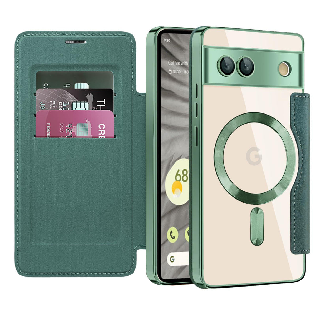 Flip wallet-style PU leather phone case for Google Pixel 10, MagSafe compatible.