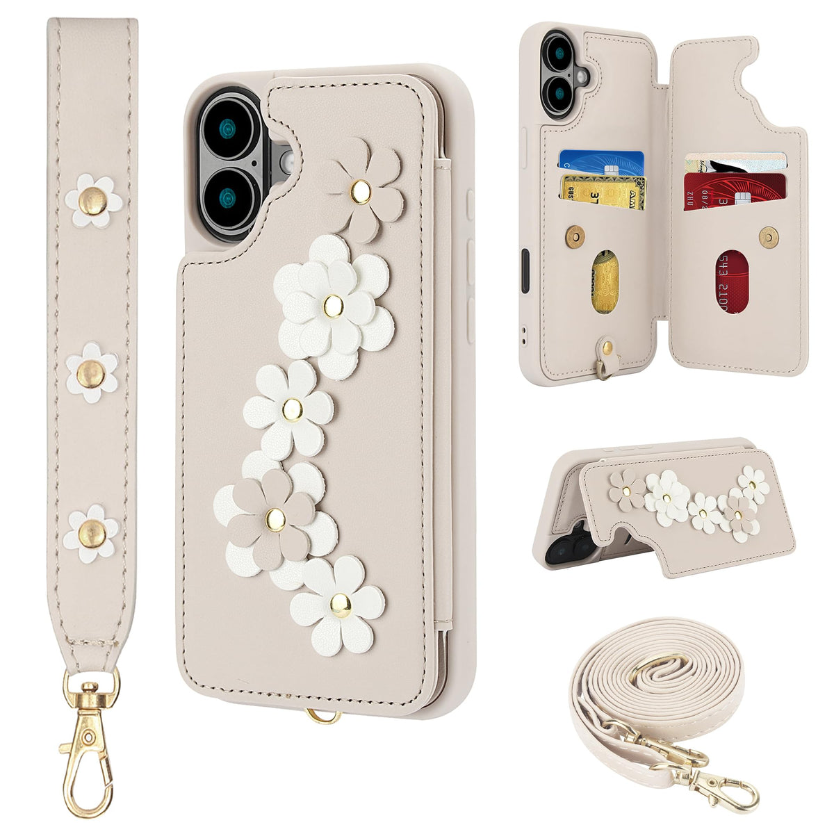 Wallet-style Card Holder Phone Case Stand for iPhone 16 Pro
